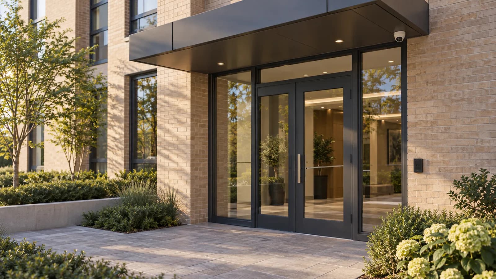 Entrance with a security camera and access reader