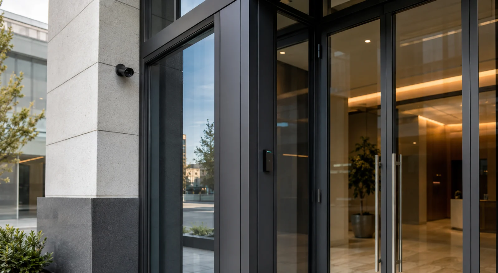 Commercial glass entry with a security camera and access reader