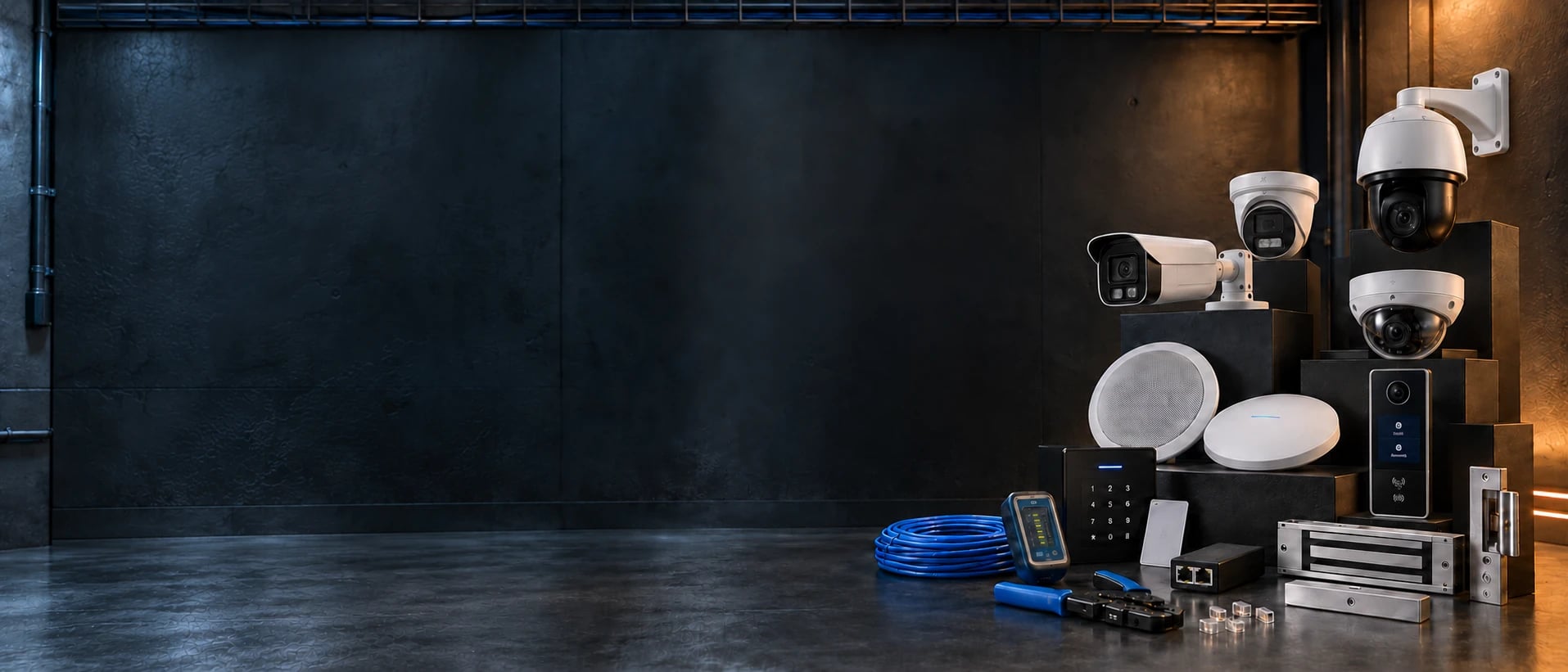 Security cameras, Wi-Fi, audio and access-control equipment arranged on dark display platforms